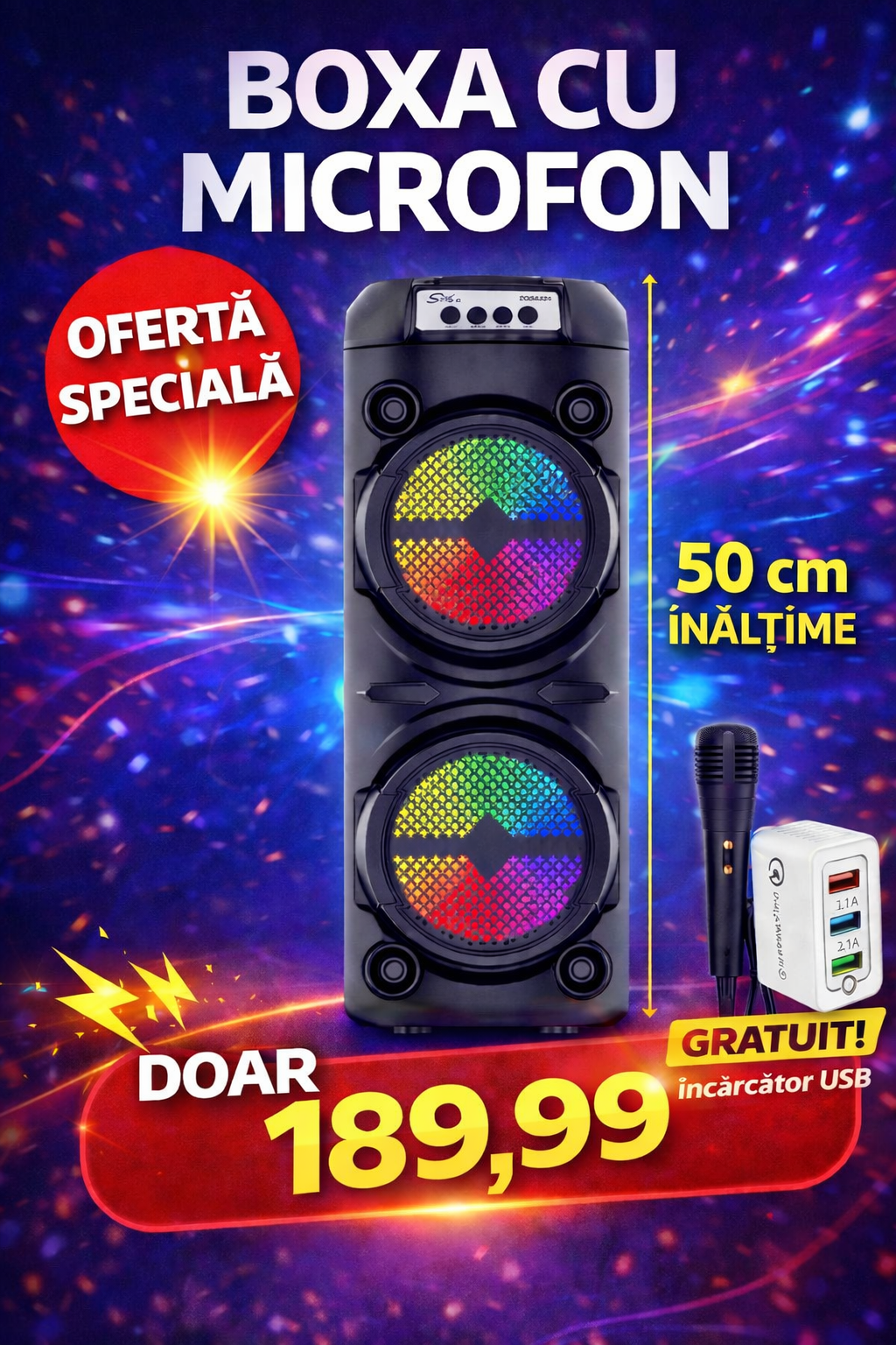 Boxă cu Microfon – 50 cm + Încărcător USB Gratuit