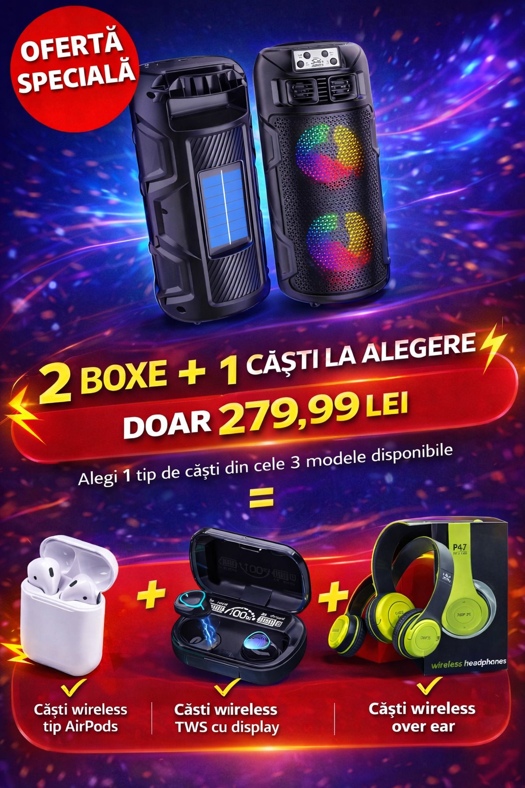 2 Boxe Portabile + 1 Set de Căști la Alegere