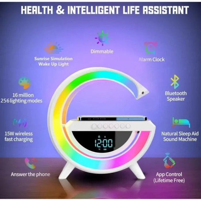 Boxă Bluetooth cu Încărcător Wireless 4 în 1 – Ceas Digital, Lumină LED RGB, Radio FM, Slot microSD
