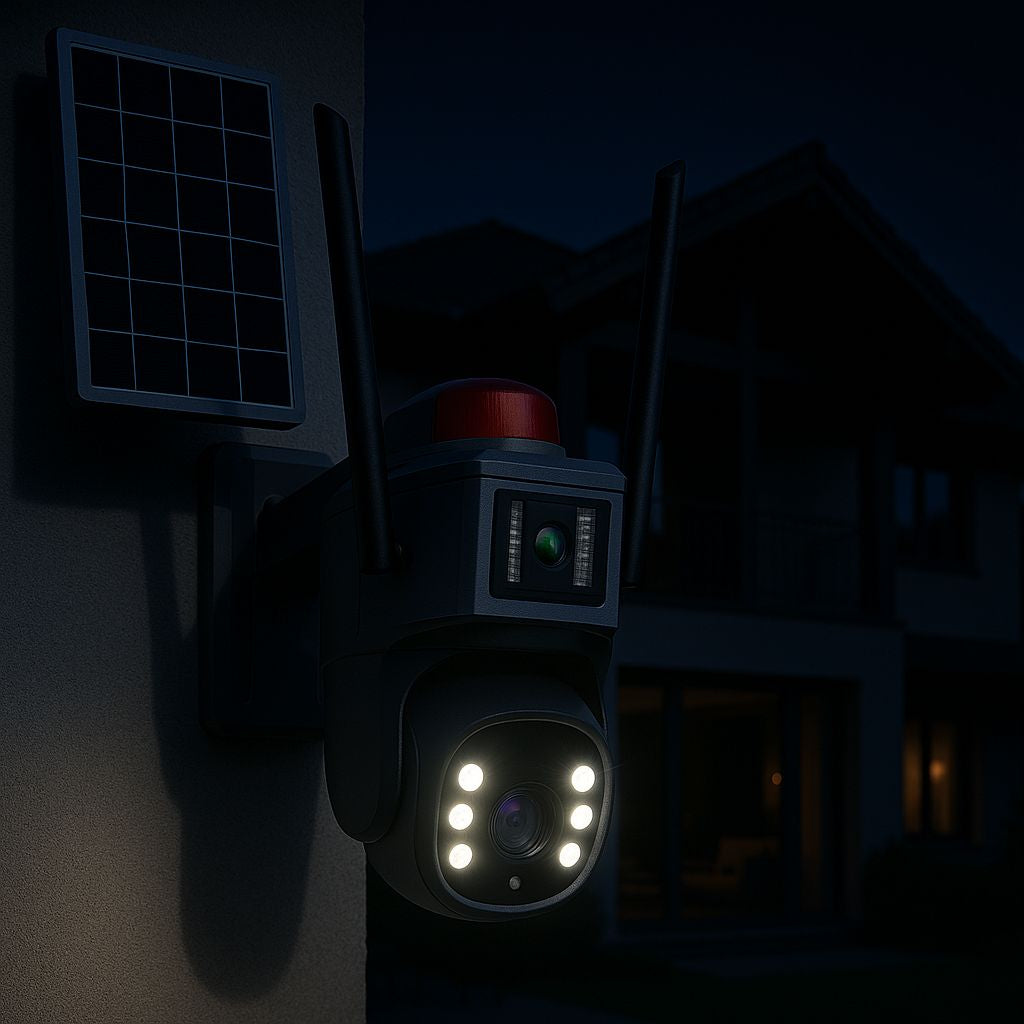 Cameră de Supraveghere Solară 4G cu 2 lentile și Rotire 360°, Rezoluție 2K Ultra HD, Viziune Nocturnă Color, Detecție Mișcare, Audio Bidirecțional și Avertizare Luminoasă