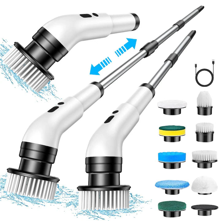 Perie Electrică Rotativă Multifuncțională cu 9 Capete, 2 Viteze și Mâner Extensibil 137 cm