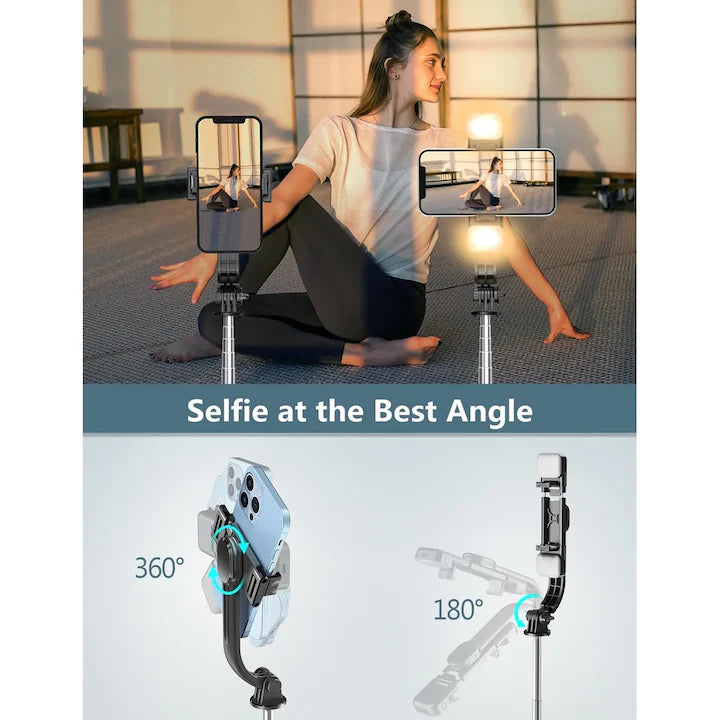 Trepied Selfie Stick 2 in 1 cu Lumini LED, 3 Moduri de Iluminare, Extensibil 103cm, Control Bluetooth, Rotire 360°, Negru