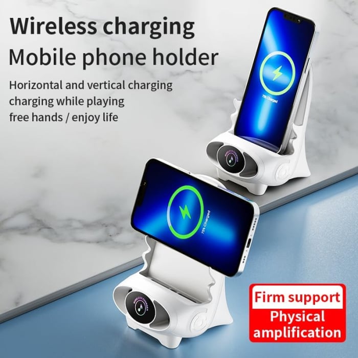 Suport Telefon Multifuncțional cu Încărcare Rapidă Wireless 15W – Mini Stație cu Difuzor și Design Modern