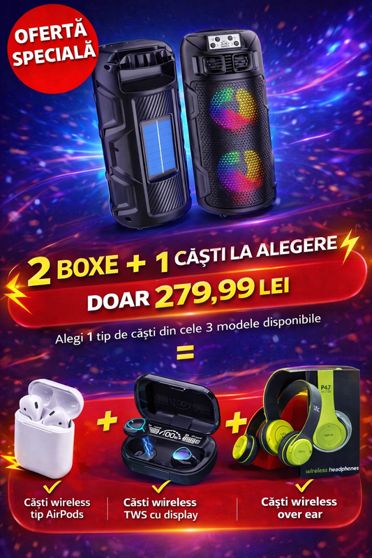 2 Boxe Portabile + 1 Set de Căști la Alegere