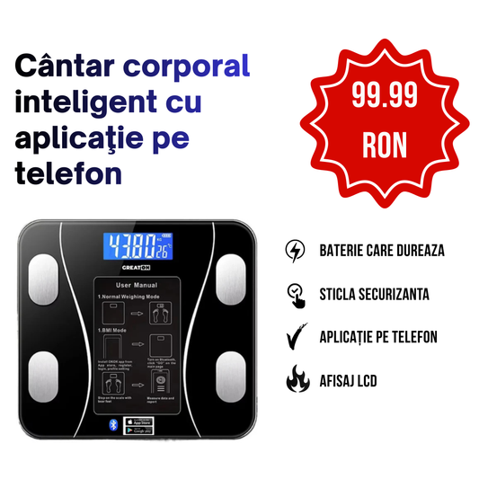 Cântar Corporal Inteligent cu Aplicaţie Telefon • Sticlă Securizată • Afisaj LCD • Negru