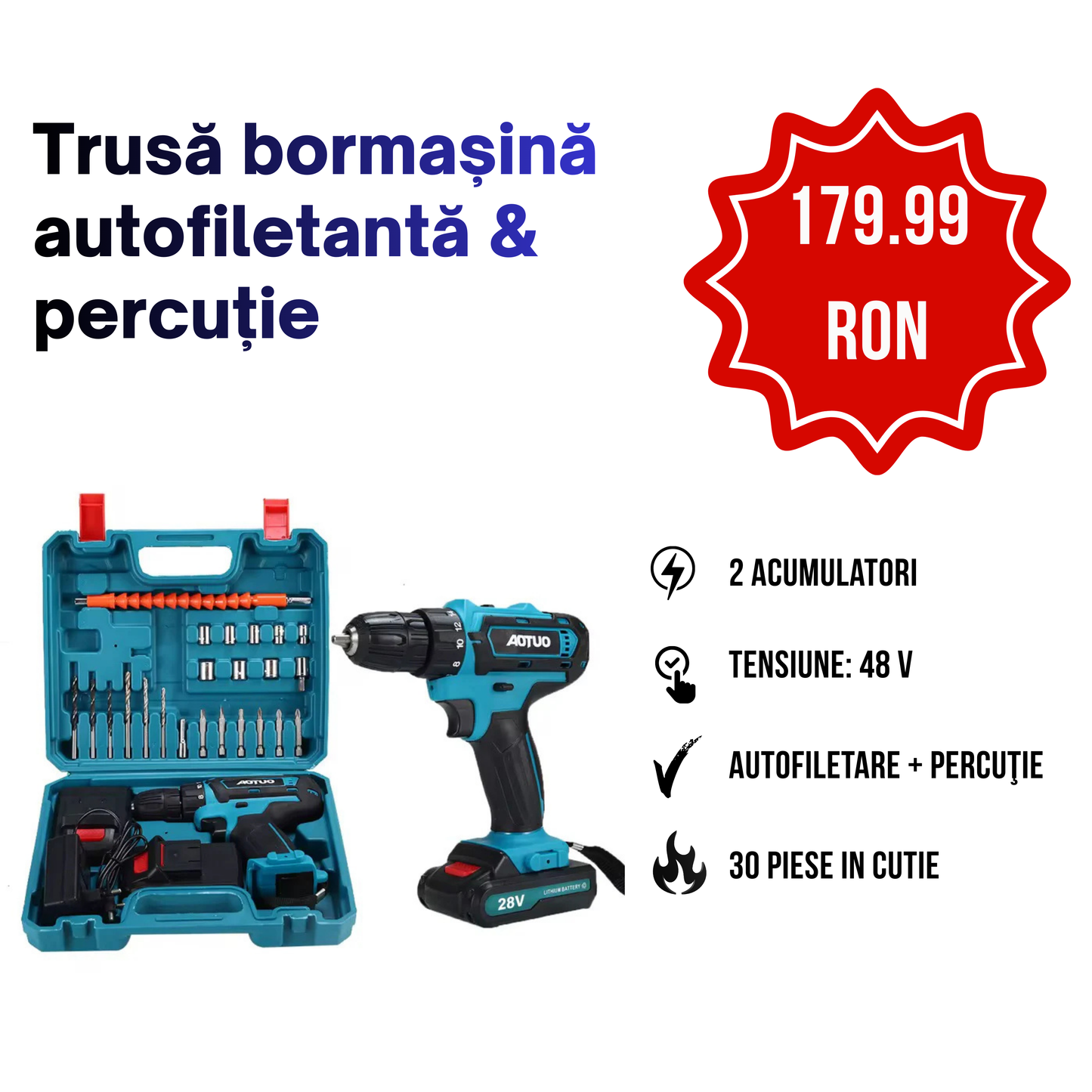 Trusă Bormașină Autofiletantă & Percuție • 2 Acumulatori 48 V 5 Ah • 30 Accesorii