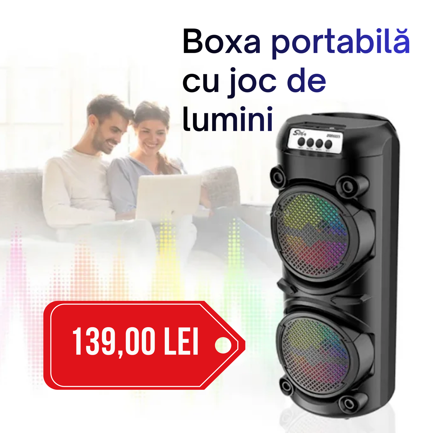 Boxă Portabilă ZQS6223 – 120W PMPO, Subwoofer 6 inch, LED RGB, Bluetooth, MP3, USB, TF, Microfon Inclus