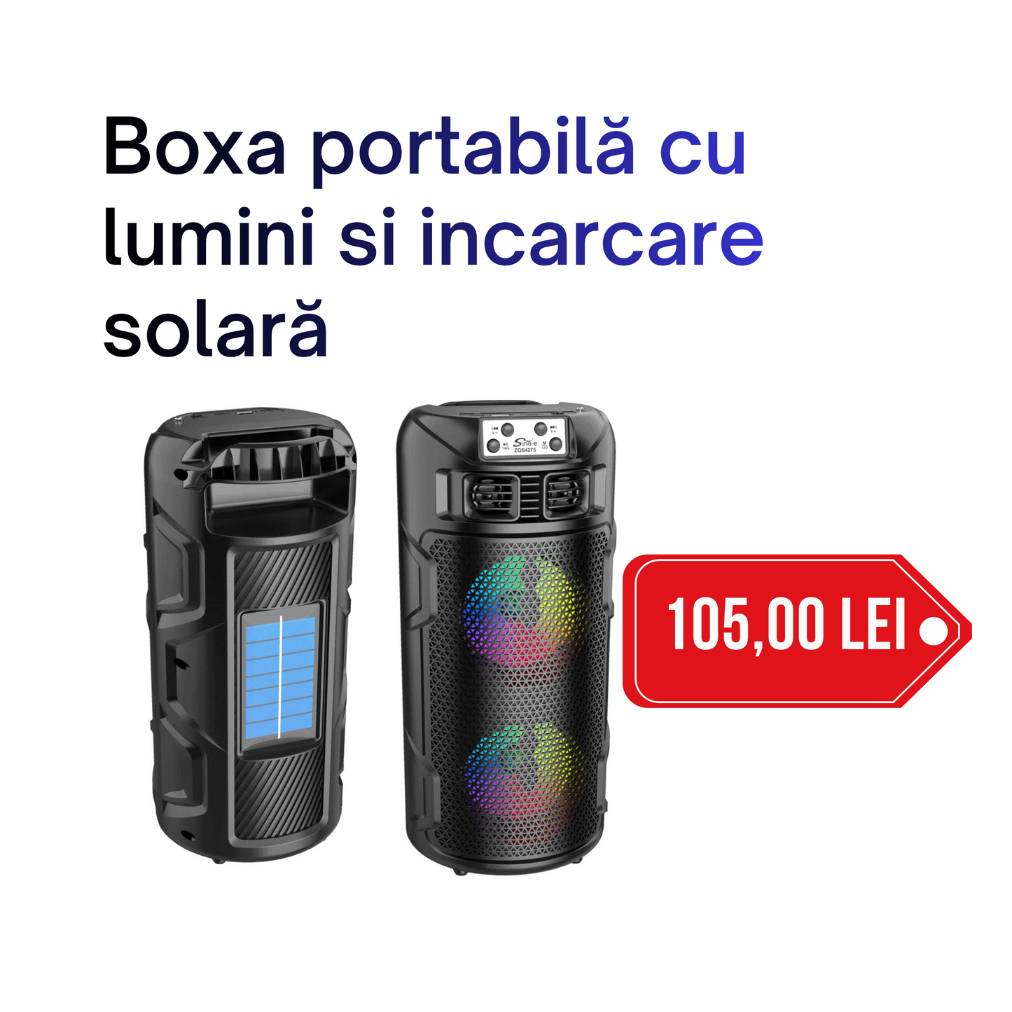 Boxă Wireless ZQS4275 – Bluetooth, Radio FM, USB/TF, TWS, Iluminare LED, Încărcare Solară, Antenă Externă, Fără Telecomanda