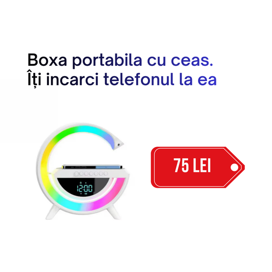 Boxă Bluetooth cu Încărcător Wireless 4 în 1 – Ceas Digital, Lumină LED RGB, Radio FM, Slot microSD