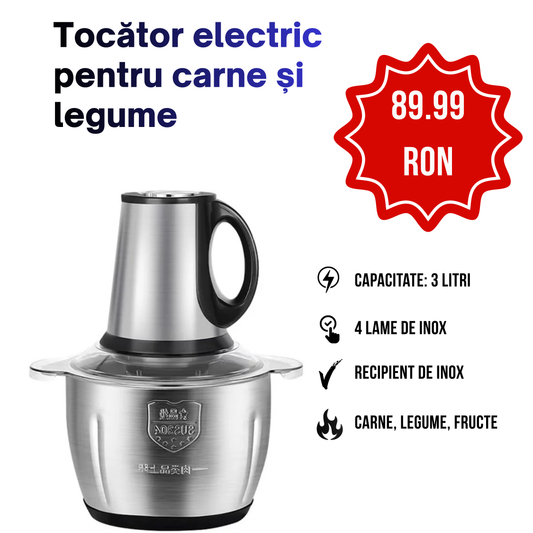 Tocător electric pentru carne și legume • Bol 3 L • 4 lame inox • Recipient inox argentiu