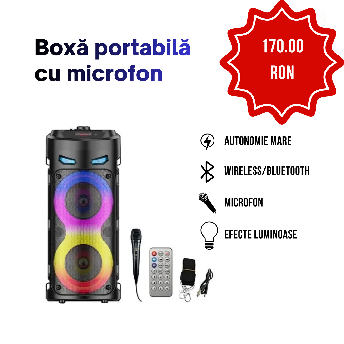 Boxă Portabilă Bluetooth ZQS-4339S, Wireless, 7W, 3.7V/1500mAh, cu Microfon și Lumini RGB