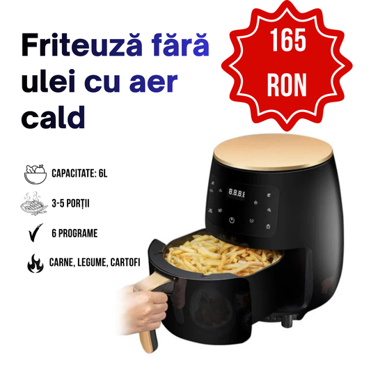Friteuză fără Ulei cu Aer Cald 2400W, 6L, LCD Touch, 6 Programe, 50 Folii de Copt Incluse