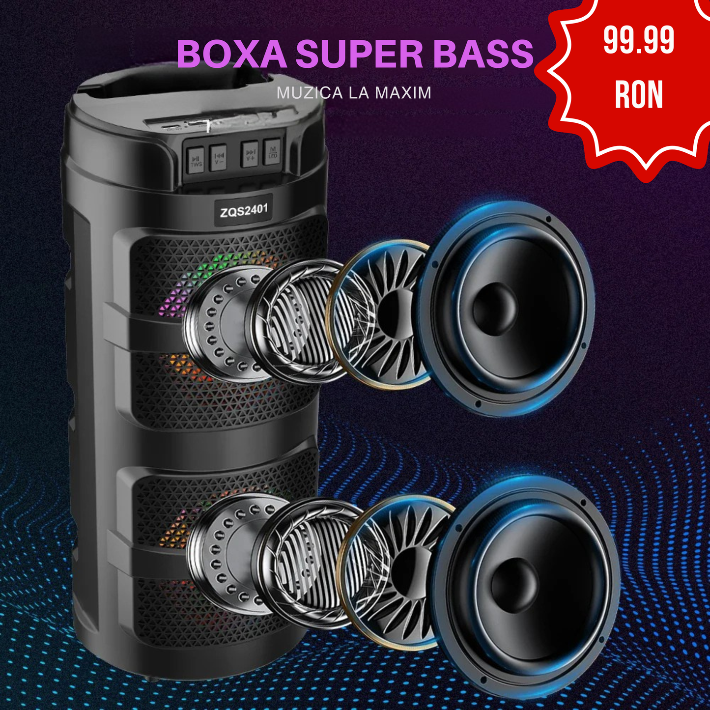 Boxă Portabilă Bluetooth ZQS2401 – 8W, Lumină LED, BT/USB/TF/FM, Baterie 800mAh