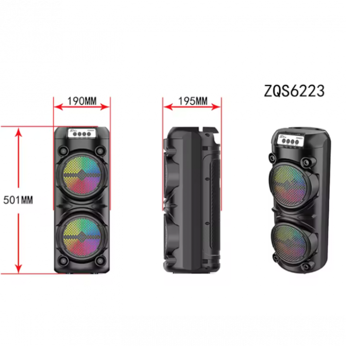 Boxă Portabilă ZQS6223 – 120W PMPO, Subwoofer 6 inch, LED RGB, Bluetooth, MP3, USB, TF, Microfon Inclus