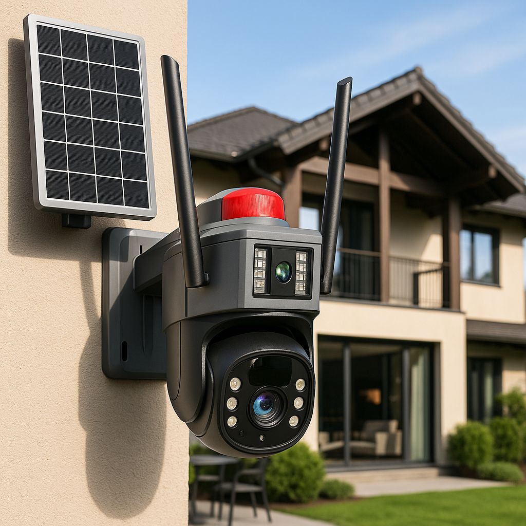 Cameră de Supraveghere Solară 4G cu 2 lentile și Rotire 360°, Rezoluție 2K Ultra HD, Viziune Nocturnă Color, Detecție Mișcare, Audio Bidirecțional și Avertizare Luminoasă