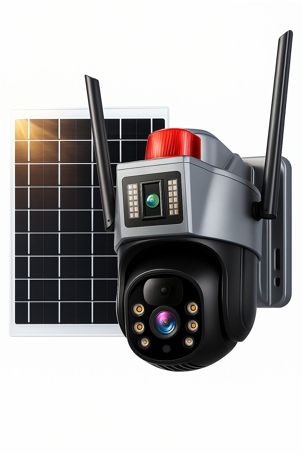 Cameră de Supraveghere Solară 4G cu 2 lentile și Rotire 360°, Rezoluție 2K Ultra HD, Viziune Nocturnă Color, Detecție Mișcare, Audio Bidirecțional și Avertizare Luminoasă