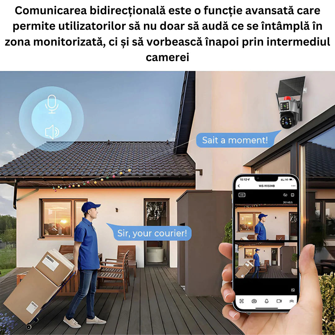 Cameră de Supraveghere Solară 4G cu 2 lentile și Rotire 360°, Rezoluție 2K Ultra HD, Viziune Nocturnă Color, Detecție Mișcare, Audio Bidirecțional și Avertizare Luminoasă
