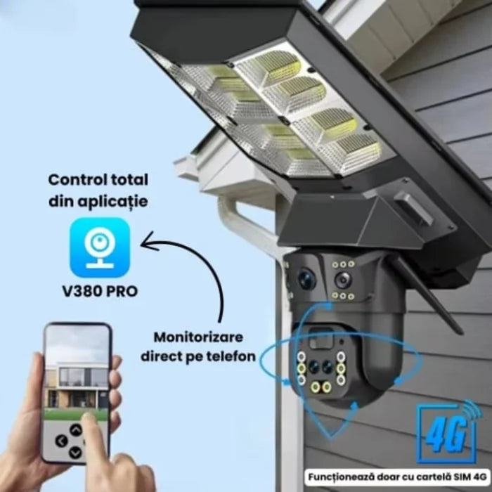 Cameră Solară V380 cu Proiector 450W, 4G, Zoom X10, Baterie 16.000 mAh