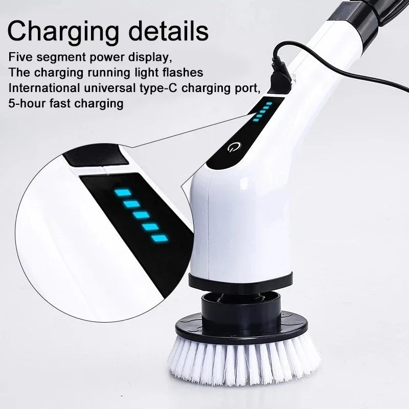 Perie Electrică Rotativă Multifuncțională cu 9 Capete, 2 Viteze și Mâner Extensibil 137 cm