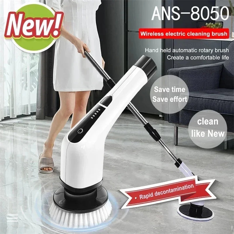 Perie Electrică Rotativă Multifuncțională cu 9 Capete, 2 Viteze și Mâner Extensibil 137 cm