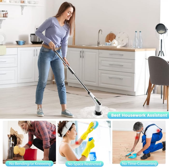 Perie Electrică Rotativă Multifuncțională cu 9 Capete, 2 Viteze și Mâner Extensibil 137 cm