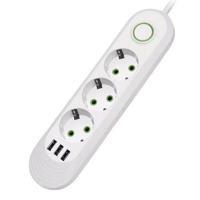 Priză Multiplă 3 Prize + 3 Porturi USB • Cablu 2 m • Negru