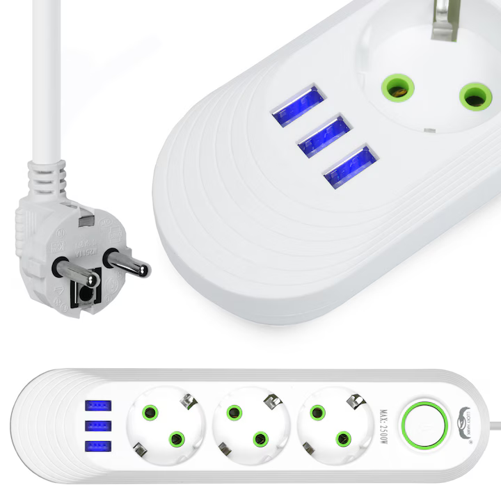 Priză Multiplă 3 Prize + 3 Porturi USB • Cablu 2 m • Negru
