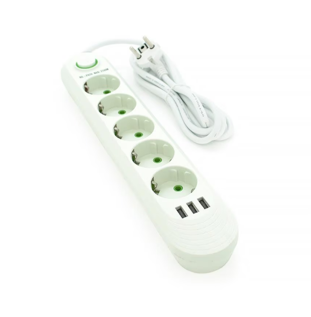 Priză Multiplă 5 Prize + 3 Porturi USB • Cablu 5 m • Negru