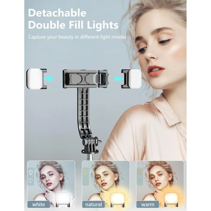 Trepied Selfie Stick 2 in 1 cu Lumini LED, 3 Moduri de Iluminare, Extensibil 103cm, Control Bluetooth, Rotire 360°, Negru
