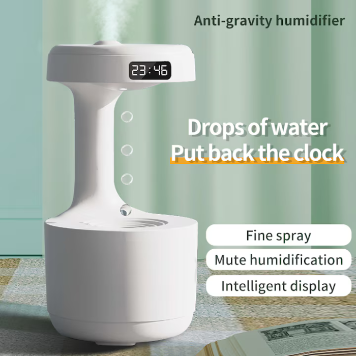 Umidificator Anti-Gravity Ultrasunete 800ml cu LED, Funcție Anti-Dry și Lumină Ambient – Alb Mat